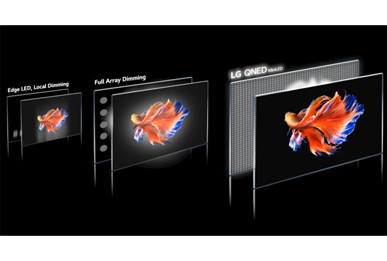 Image de la technologie des zones de gradation et d’un poisson bêta sur un fond noir sur 3 écrans différents. Le Mini QNED LED de LG garantit des images les plus claires, avec moins d’effets de halo et des couleurs plus vives (lire la vidéo).